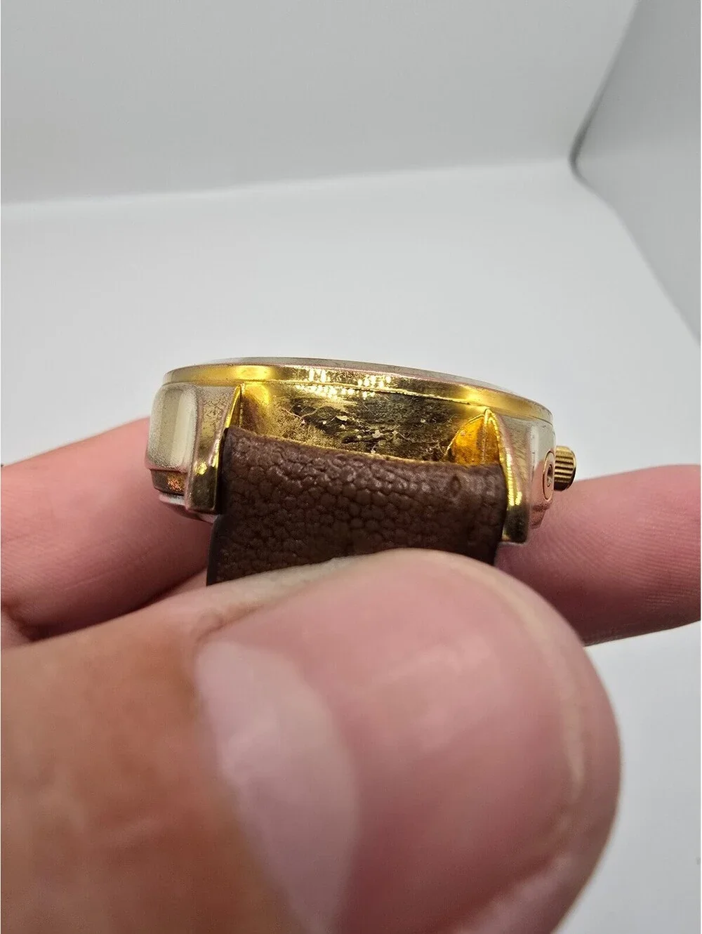 Time Optics Watch White Arabic Dial Gold Tone Brown Leather Strap